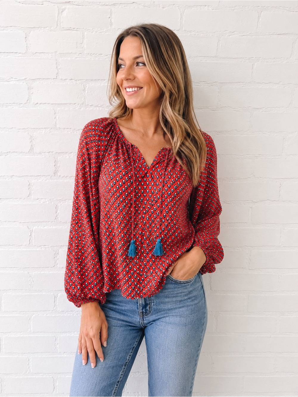 J.Crew Red Blue Floral Tassel Tie Boho Peasant Blouse Medium